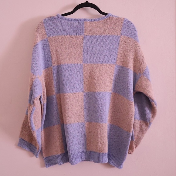 Egg Blue and Tan Checkered Sweater M/L Made in Korea - Picture 5 of 5